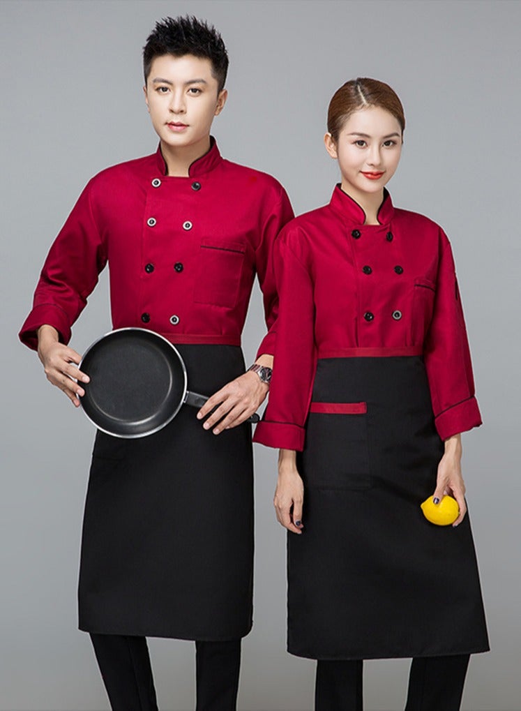 Chef Uniform Apron Suit Long Sleeves with a Hat Suitable For Hotel Western Restaurant Red