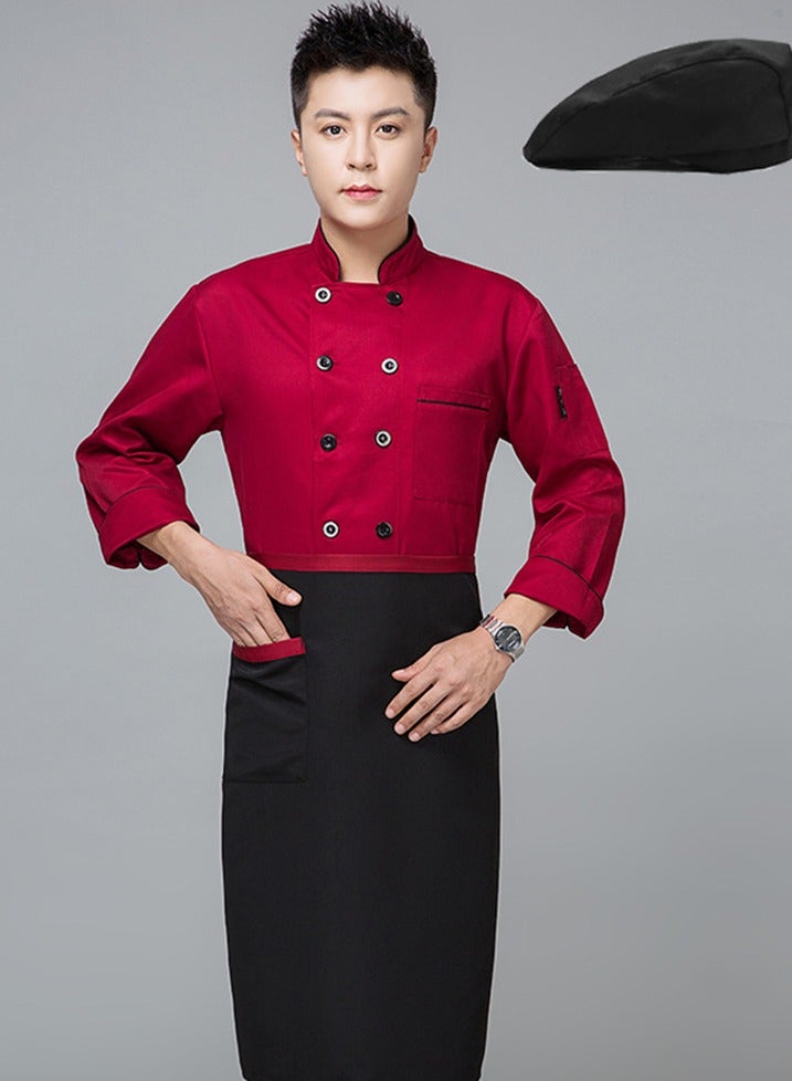 Chef Uniform Apron Suit Long Sleeves with a Hat Suitable For Hotel Western Restaurant Red