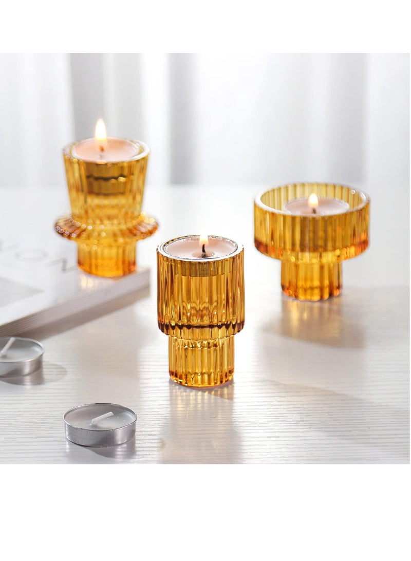 Elegant 2-in-1 Pink Crystal Glass Tea Light & Taper Candle Holder Set of 3 - Perfect for Home Decor, Wedding Party Centerpiece, Dinning Table Accent