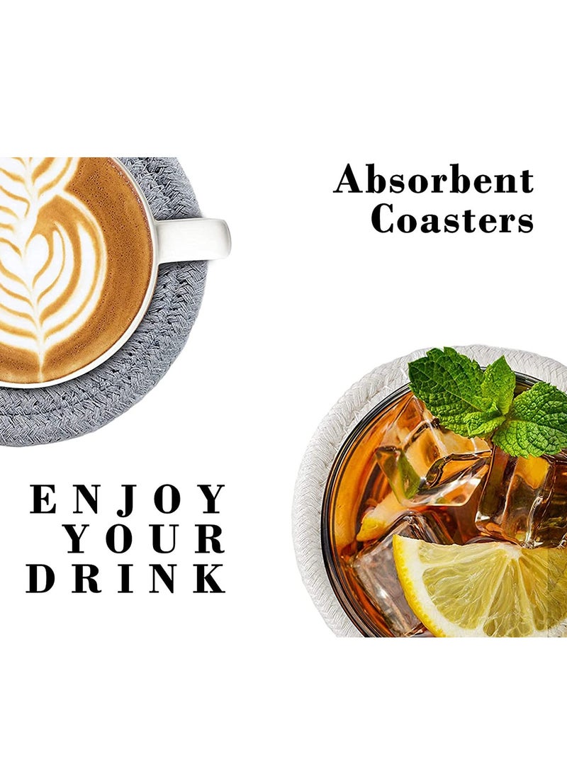 Absorbent Drink Coasters Handmade Braided Drink Coasters for Coffee Wooden Table Super Absorbent Heat-Resistant Coasters for Drinks Great Housewarming Gift (Grey Dark Grey White 6)