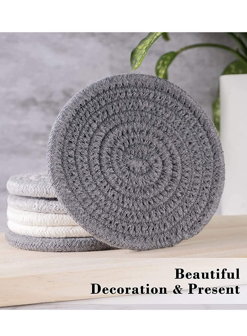 Absorbent Drink Coasters Handmade Braided Drink Coasters for Coffee Wooden Table Super Absorbent Heat-Resistant Coasters for Drinks Great Housewarming Gift (Grey Dark Grey White 6)