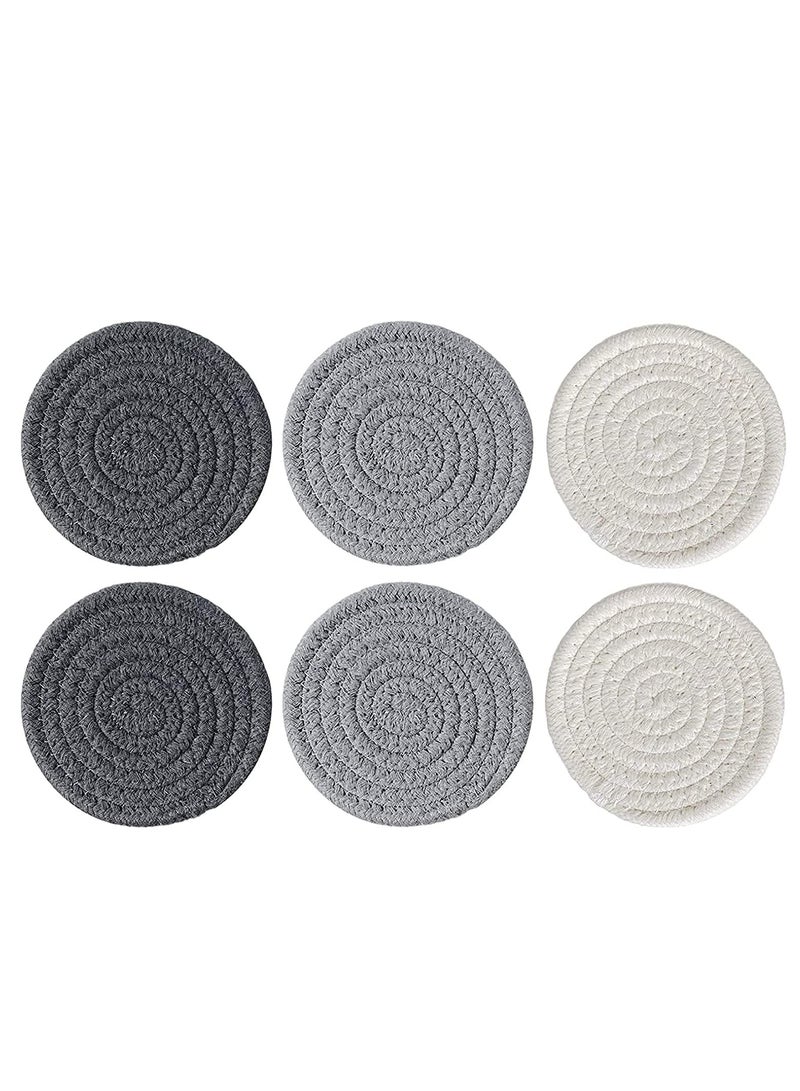 Absorbent Drink Coasters Handmade Braided Drink Coasters for Coffee Wooden Table Super Absorbent Heat-Resistant Coasters for Drinks Great Housewarming Gift (Grey Dark Grey White 6)