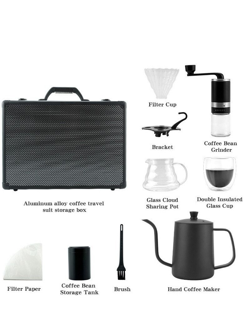 V60 Set of 9 Pour Over Hand Drip Coffee Maker Set Manual Brew Coffee Set With Portable Aluminium Alloy Travel Case