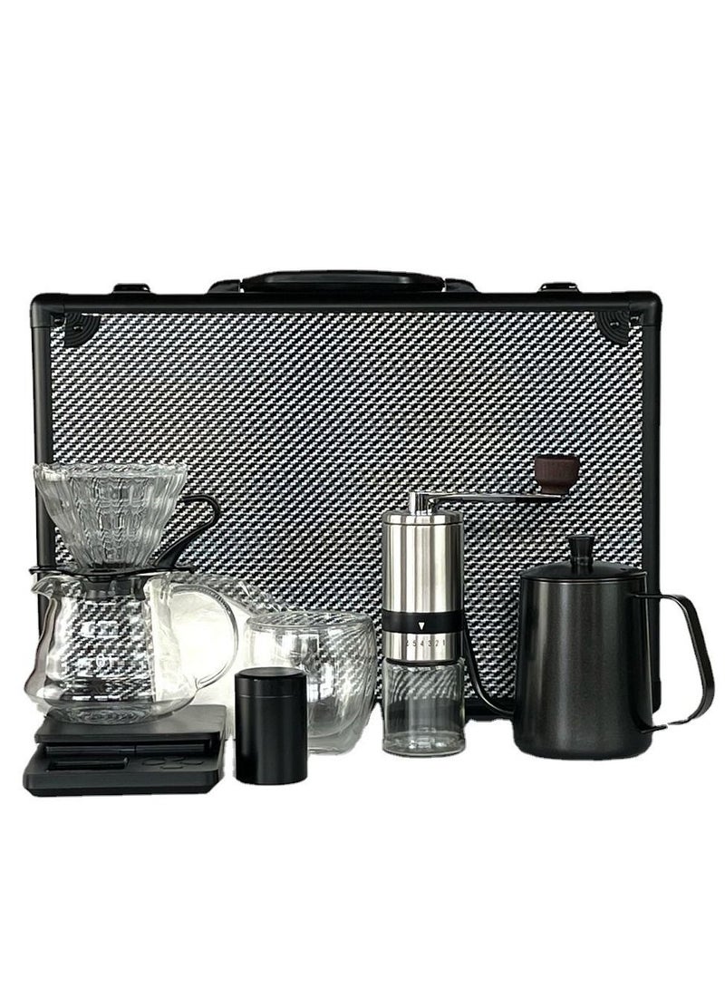 V60 Set of 9 Pour Over Hand Drip Coffee Maker Set Manual Brew Coffee Set With Portable Aluminium Alloy Travel Case