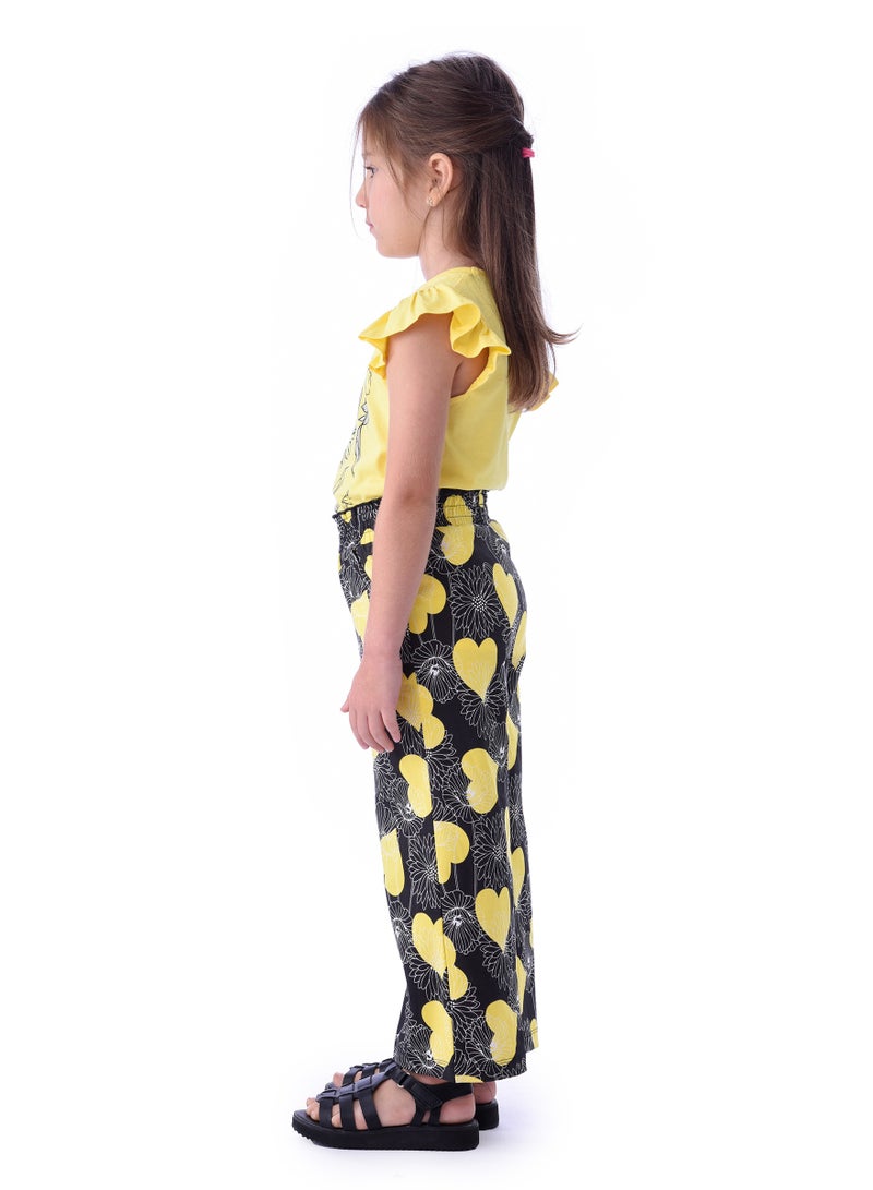 Girls' Summer Sleeveless Tee and Straight Pants Yellow and Black Set (2-8 Years)