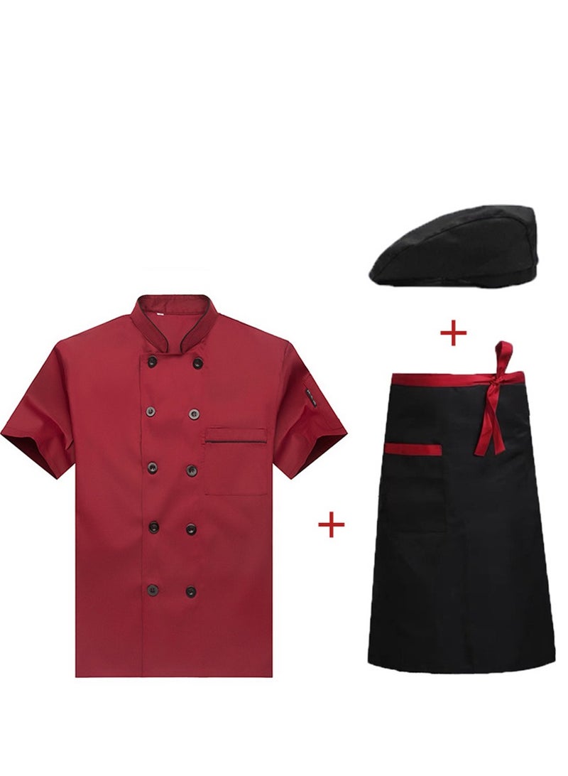 Chef Uniform Apron Suit Short Sleeves with a Hat Suitable For Hotel Western Restaurant Red