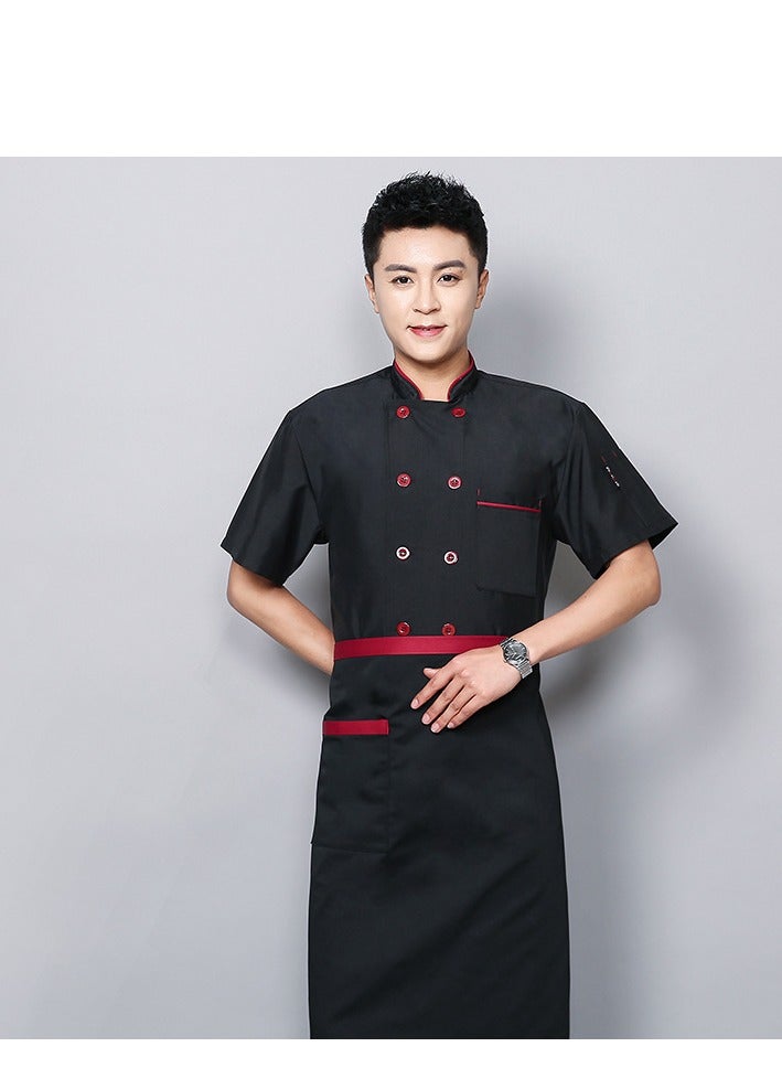 Chef Uniform Apron Suit Short Sleeves with a Hat Suitable For Hotel Western Restaurant Black