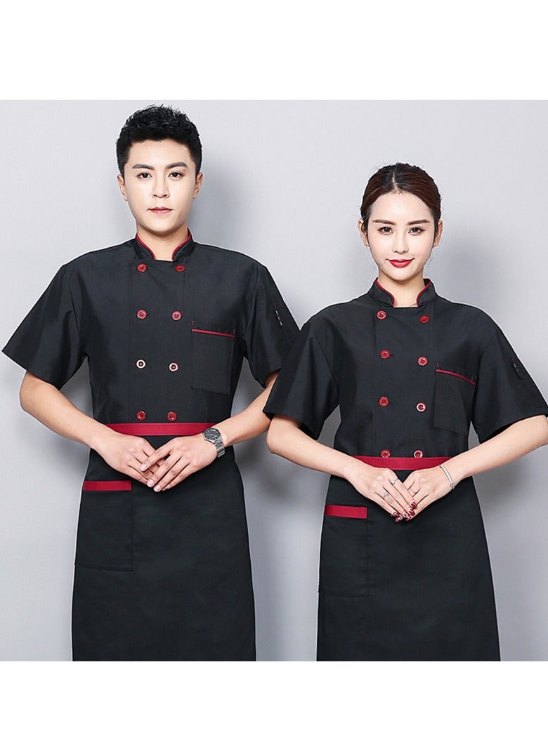 Chef Uniform Apron Suit Short Sleeves with a Hat Suitable For Hotel Western Restaurant Black