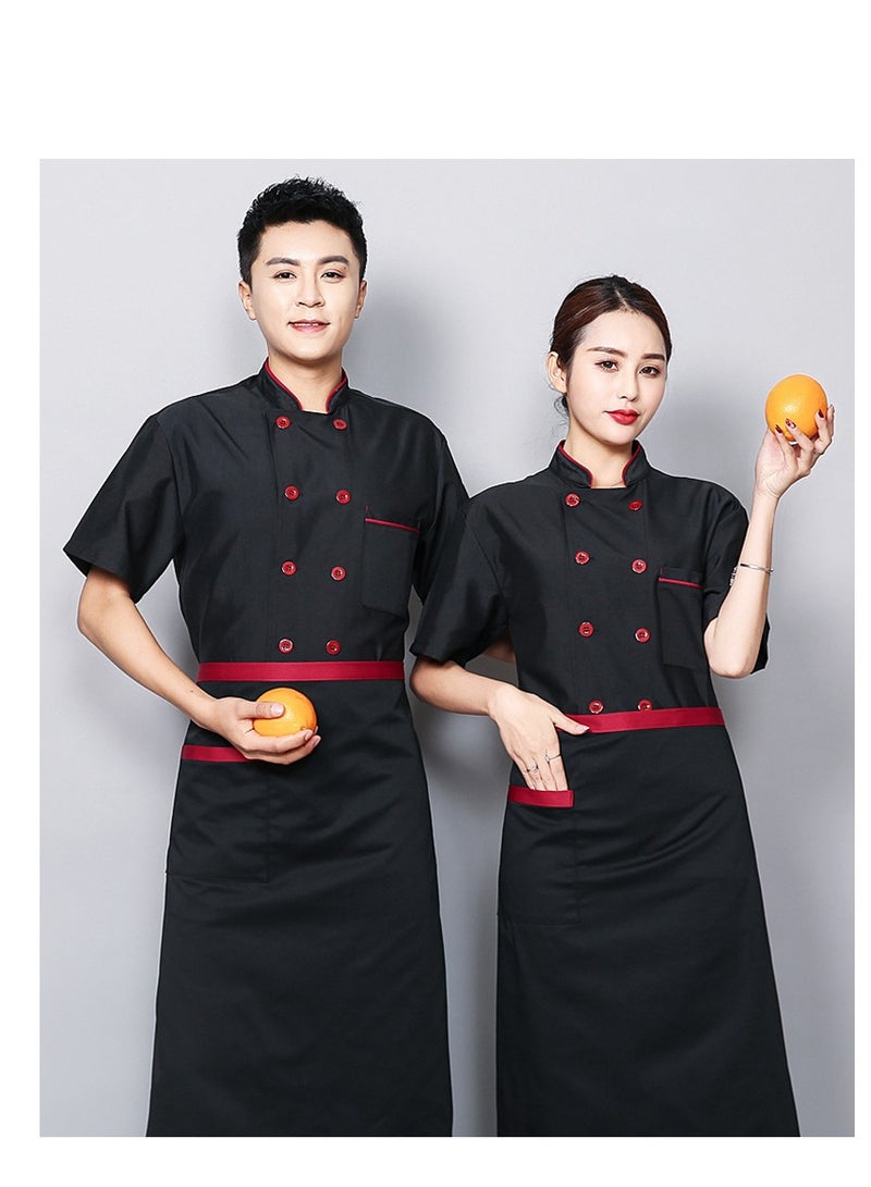 Chef Uniform Apron Suit Short Sleeves with a Hat Suitable For Hotel Western Restaurant Black