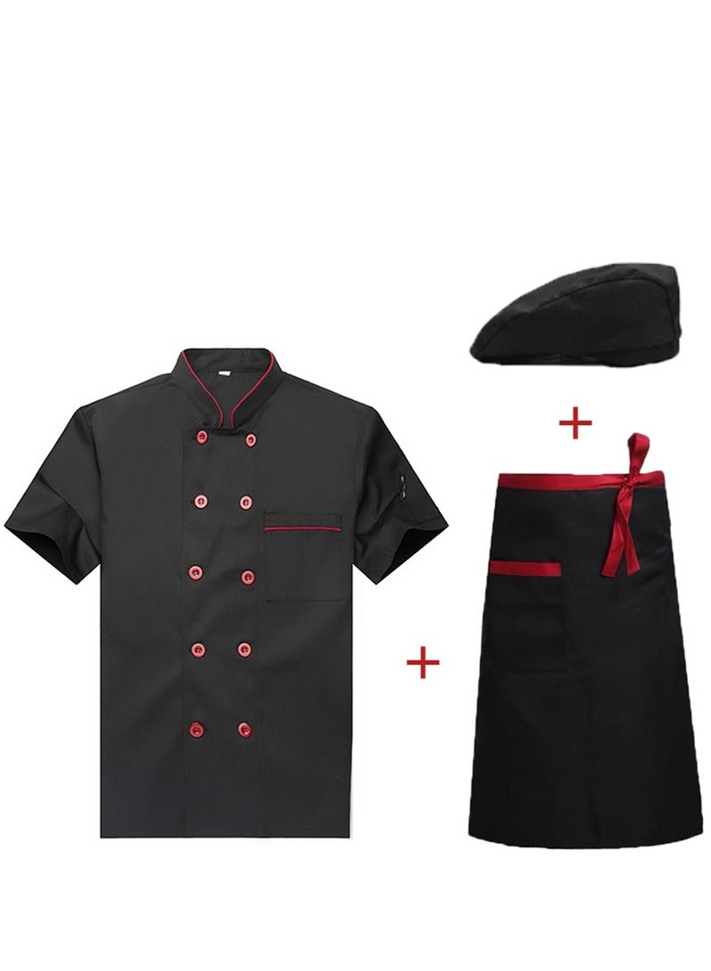 Chef Uniform Apron Suit Short Sleeves with a Hat Suitable For Hotel Western Restaurant Black