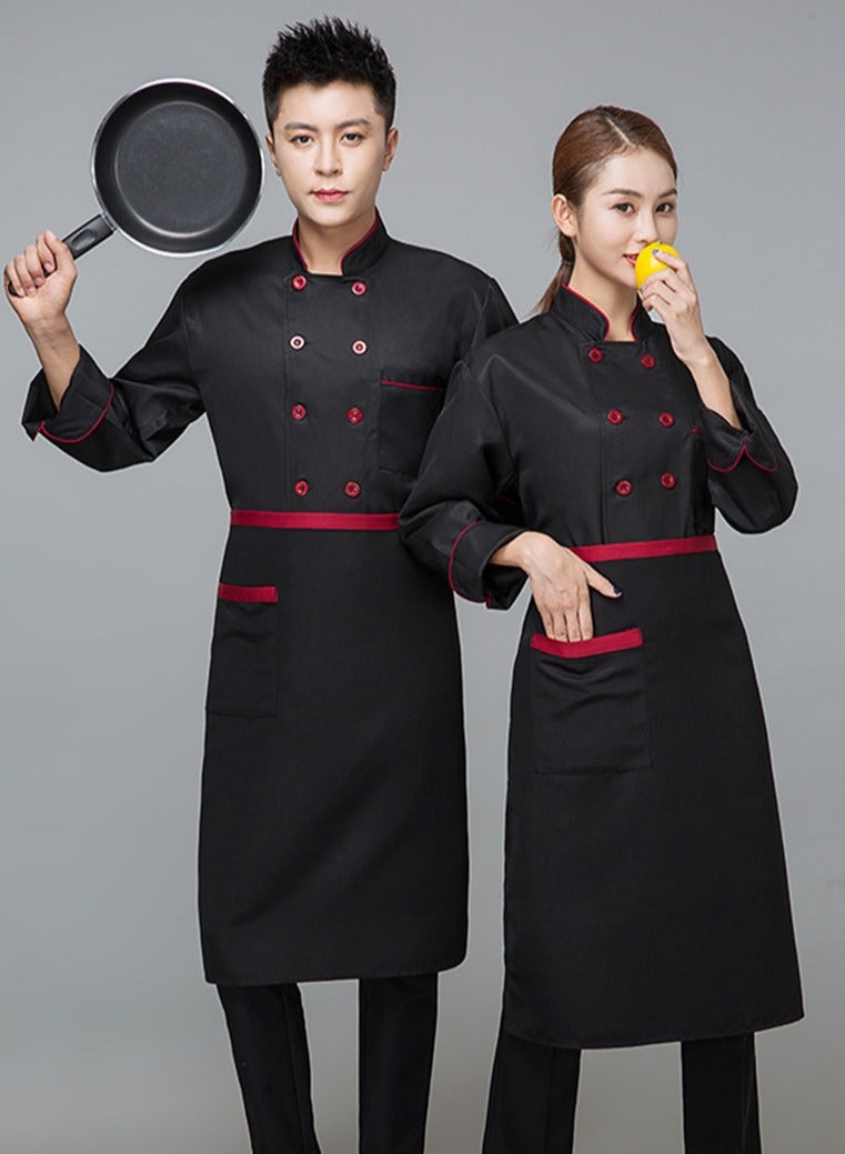 Chef Uniform Apron Suit Long Sleeves with a Hat Suitable For Hotel Western Restaurant Black