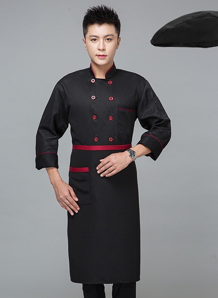 Chef Uniform Apron Suit Long Sleeves with a Hat Suitable For Hotel Western Restaurant Black