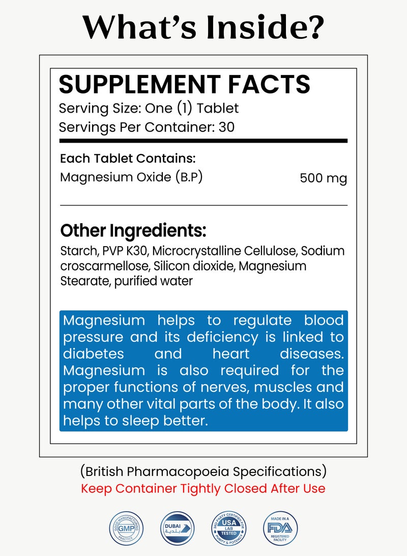 Magnesium 500 mg - Supports Bone, Muscle, Nerve, and Cardiovascular Health - 60 Tablets