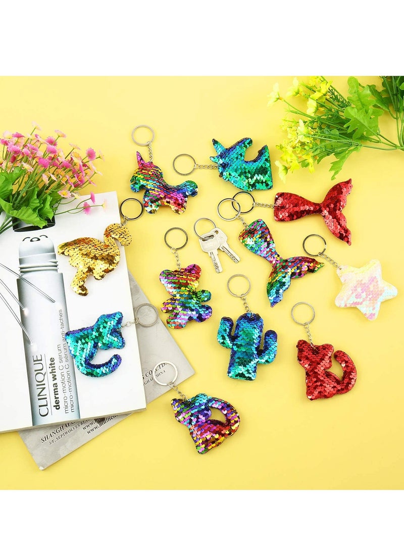 Sequin Keychain, Hanging Key Chain with Mermaid Tail Unicorn Pony Cat Star Flamingo Cub Cactus Shape keychains for Kids Girls Party favor 8 Styles, 40 Pieces