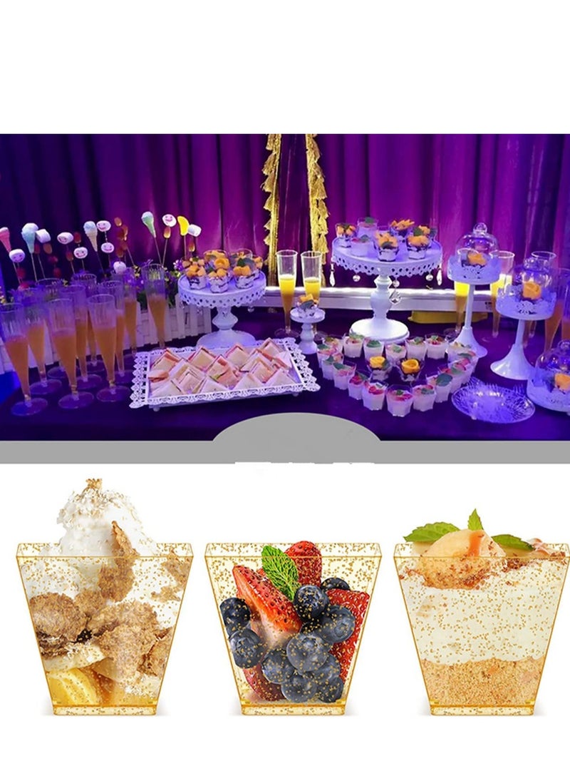 Mini Glitter Dessert Cups - 100pcs Disposable Square Plastic Cake Cups with 50 Spoons for Parties, Birthdays, and Dinner Events - 60ml Small Tasting Quartet Set.