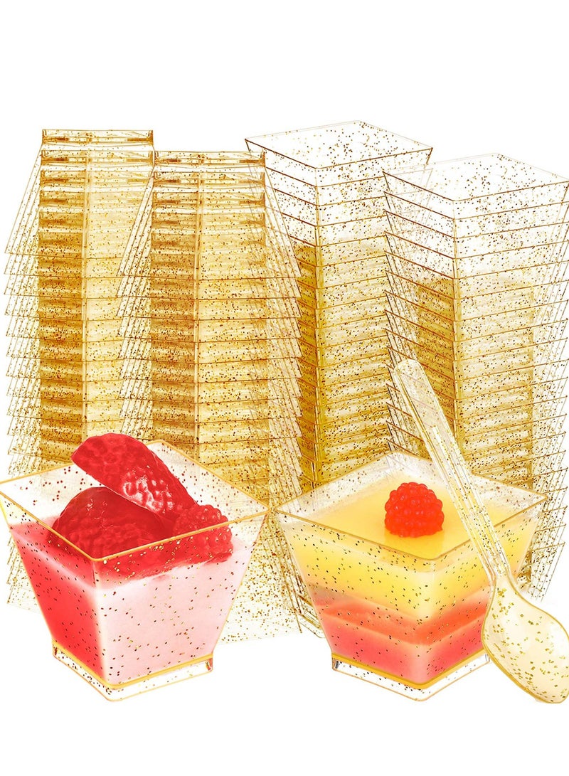 Mini Glitter Dessert Cups - 100pcs Disposable Square Plastic Cake Cups with 50 Spoons for Parties, Birthdays, and Dinner Events - 60ml Small Tasting Quartet Set.