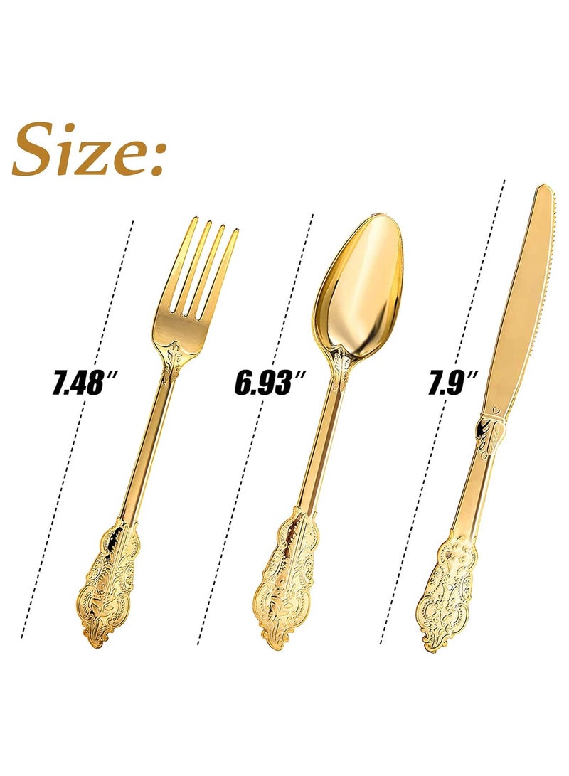 60-Piece Gold Plastic Silverware Set - Heavyweight Disposable Utensils with 20 Forks, 20 Knives, and 20 Spoons - Elegant Flatware for Vintage Weddings, Anniversaries, and Parties.