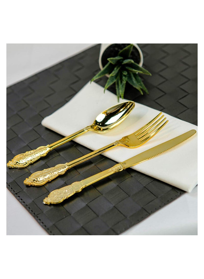 60-Piece Gold Plastic Silverware Set - Heavyweight Disposable Utensils with 20 Forks, 20 Knives, and 20 Spoons - Elegant Flatware for Vintage Weddings, Anniversaries, and Parties.