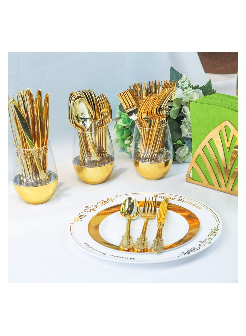 60-Piece Gold Plastic Silverware Set - Heavyweight Disposable Utensils with 20 Forks, 20 Knives, and 20 Spoons - Elegant Flatware for Vintage Weddings, Anniversaries, and Parties.