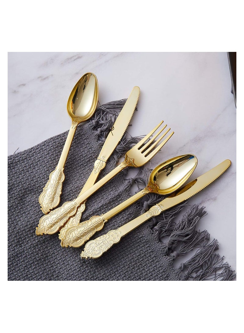 60-Piece Gold Plastic Silverware Set - Heavyweight Disposable Utensils with 20 Forks, 20 Knives, and 20 Spoons - Elegant Flatware for Vintage Weddings, Anniversaries, and Parties.