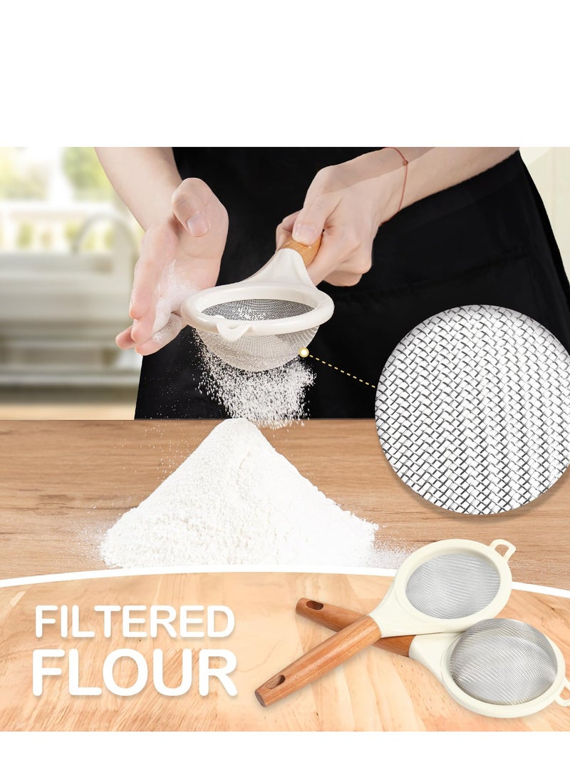Strainers Fine Mesh,Small 30 Mesh Fine Mesh kitchen Sieve Sifters with Wooden Handle,Stainless Steel Colanders Skimmer for Straining Flour,Quinoa,Tea, Juice,Sugar (2PCS)