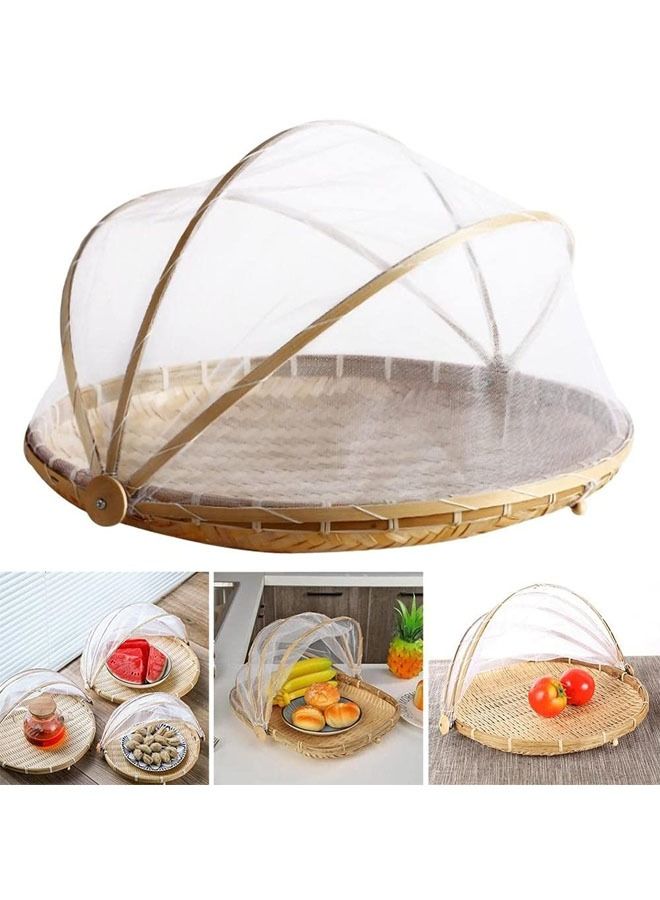 Set of 3 Bamboo Food Serving Trays with Food Mesh Cover
