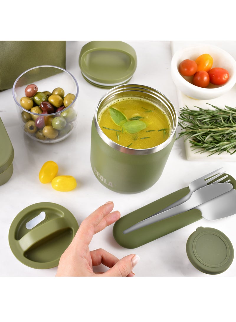 600ml Food Jar Lunch Box Food Thermos Stainless Steel Double Wall Insulated Travel Food Flask with Snack Tritan Container for Kids, Adults, 20oz (Forest Green)