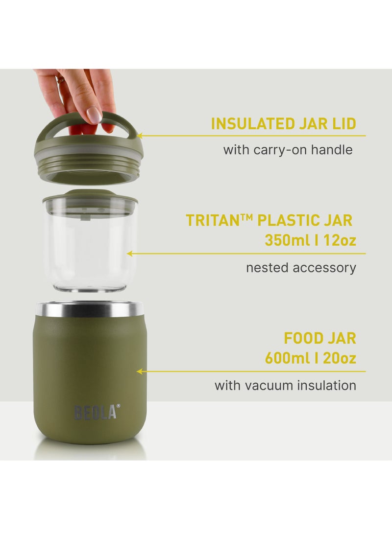 600ml Food Jar Lunch Box Food Thermos Stainless Steel Double Wall Insulated Travel Food Flask with Snack Tritan Container for Kids, Adults, 20oz (Forest Green)