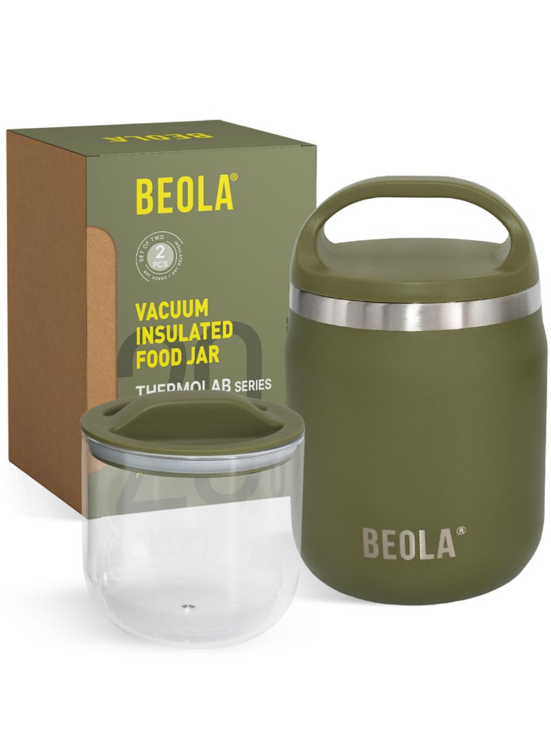 600ml Food Jar Lunch Box Food Thermos Stainless Steel Double Wall Insulated Travel Food Flask with Snack Tritan Container for Kids, Adults, 20oz (Forest Green)