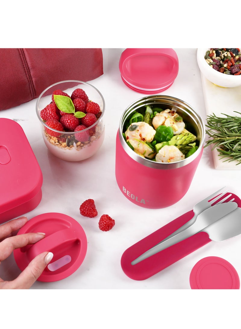 600ml Food Jar Lunch Box Food Thermos Stainless Steel Double Wall Insulated Travel Food Flask with Snack Tritan Container for Kids, Adults, 20oz (Raspberry)