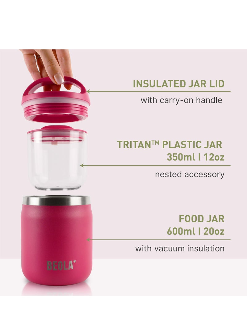 600ml Food Jar Lunch Box Food Thermos Stainless Steel Double Wall Insulated Travel Food Flask with Snack Tritan Container for Kids, Adults, 20oz (Raspberry)