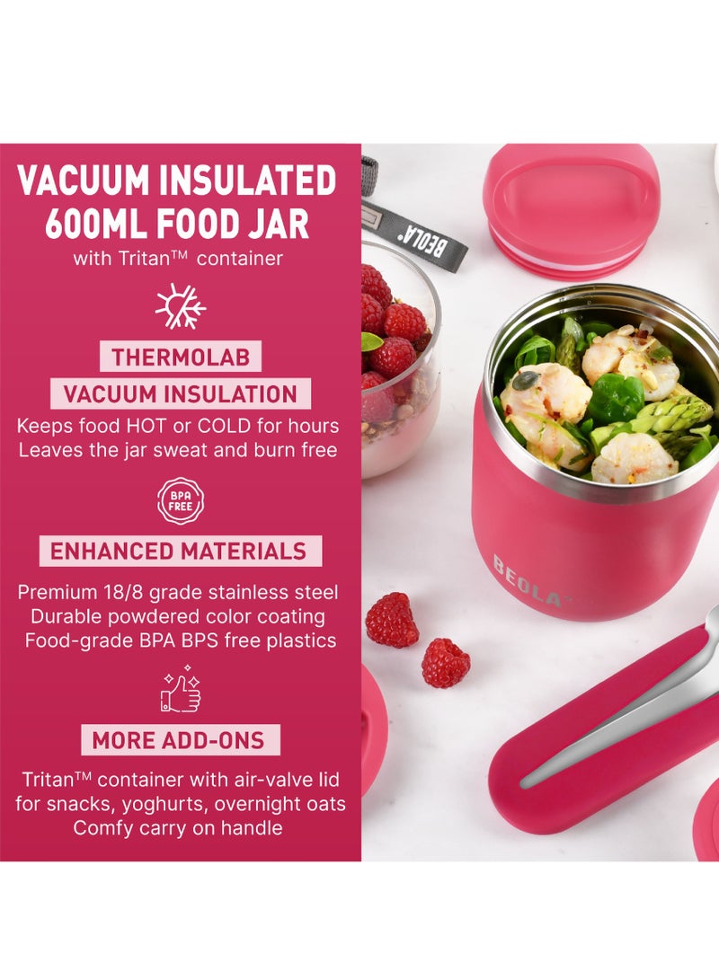 600ml Food Jar Lunch Box Food Thermos Stainless Steel Double Wall Insulated Travel Food Flask with Snack Tritan Container for Kids, Adults, 20oz (Raspberry)