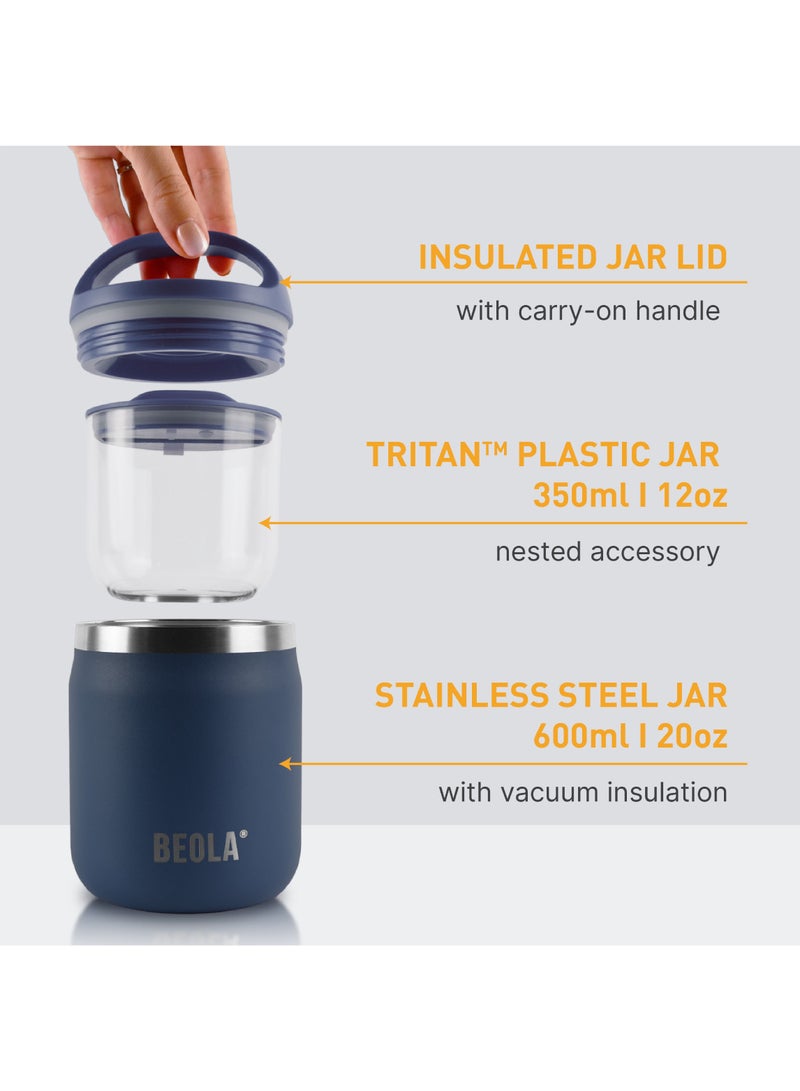 600ml Food Jar Lunch Box Food Thermos Stainless Steel Double Wall Insulated Travel Food Flask with Snack Tritan Container for Kids, Adults, 20oz (Marine Blue)