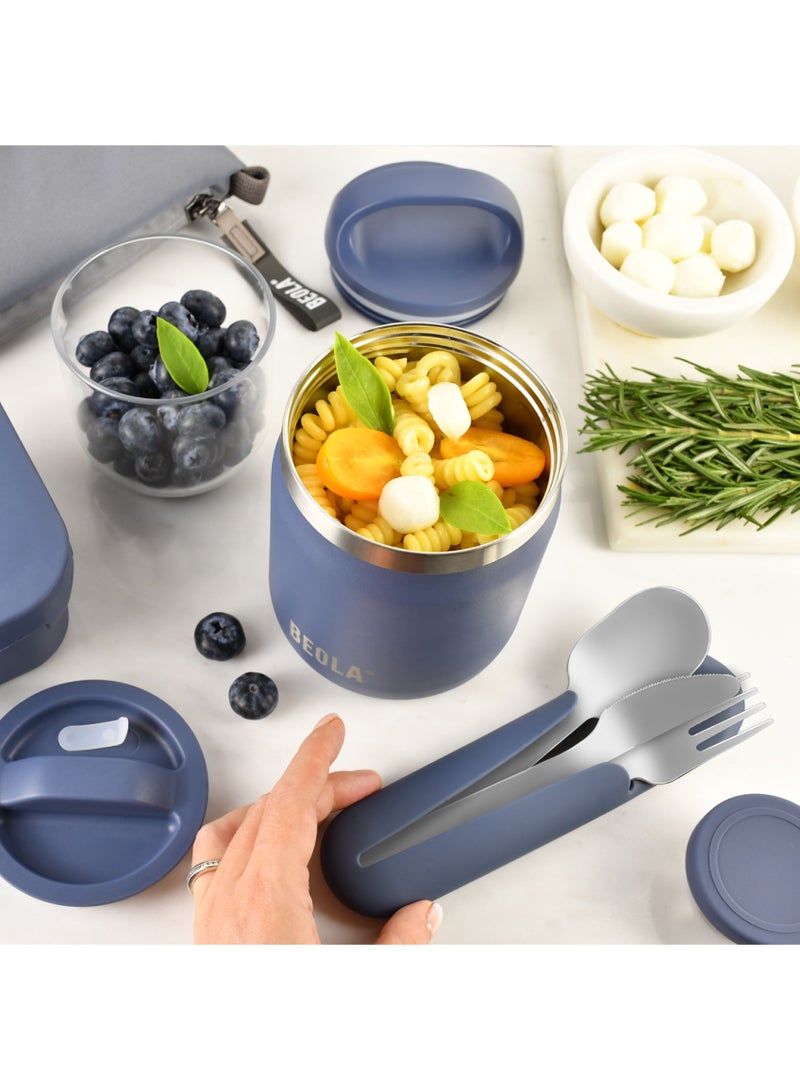 600ml Food Jar Lunch Box Food Thermos Stainless Steel Double Wall Insulated Travel Food Flask with Snack Tritan Container for Kids, Adults, 20oz (Marine Blue)