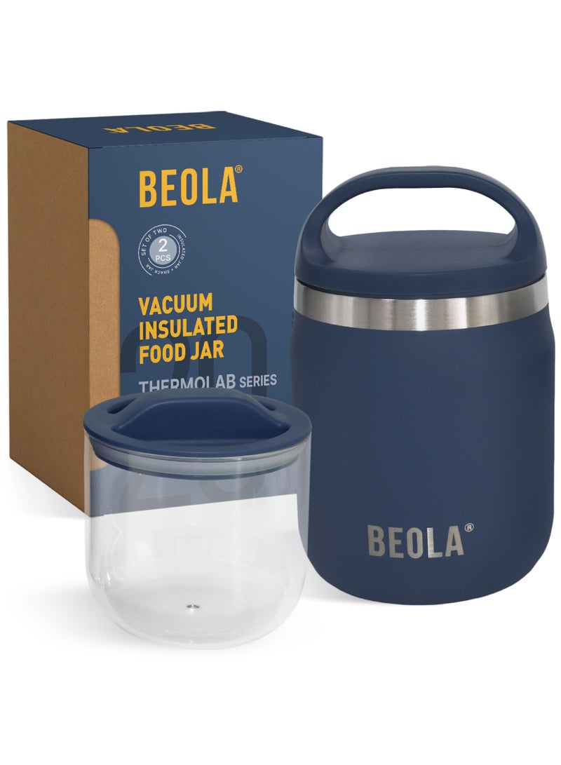 600ml Food Jar Lunch Box Food Thermos Stainless Steel Double Wall Insulated Travel Food Flask with Snack Tritan Container for Kids, Adults, 20oz (Marine Blue)