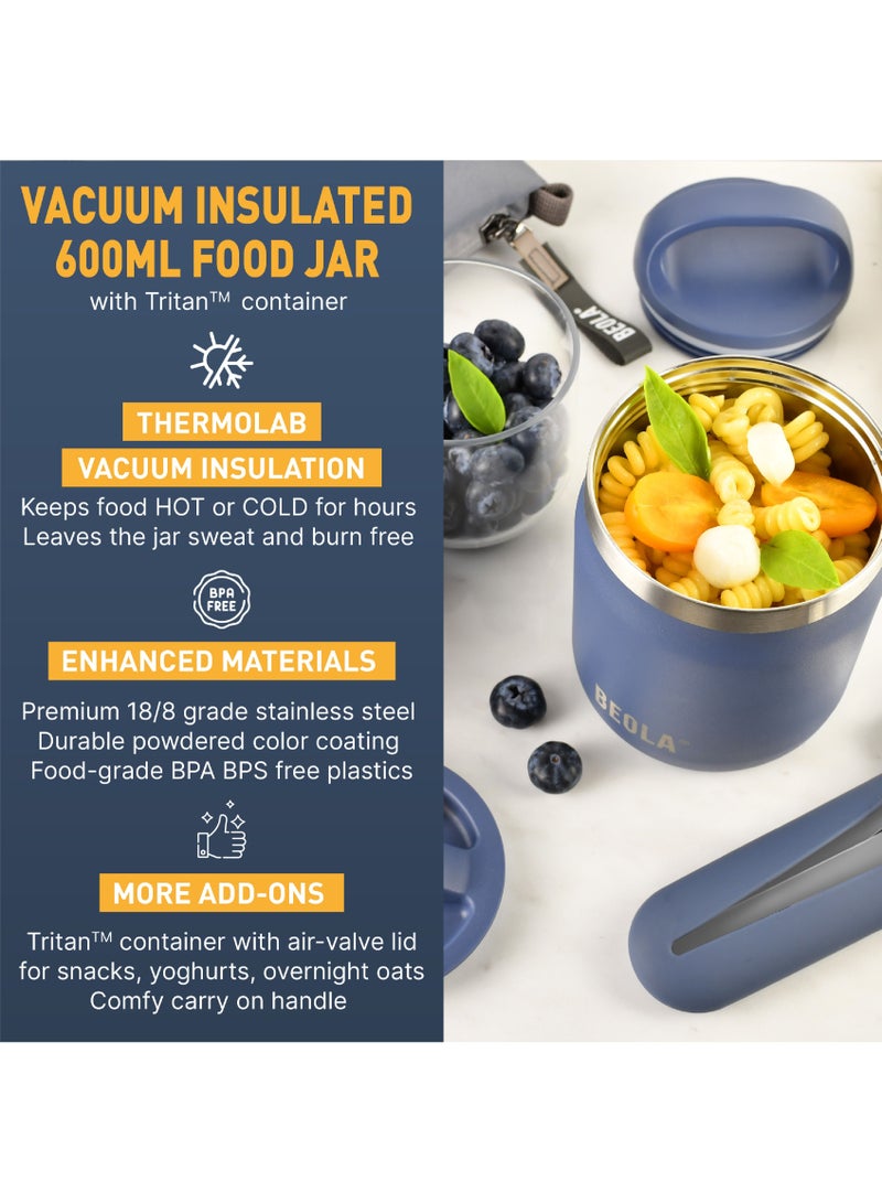 600ml Food Jar Lunch Box Food Thermos Stainless Steel Double Wall Insulated Travel Food Flask with Snack Tritan Container for Kids, Adults, 20oz (Marine Blue)