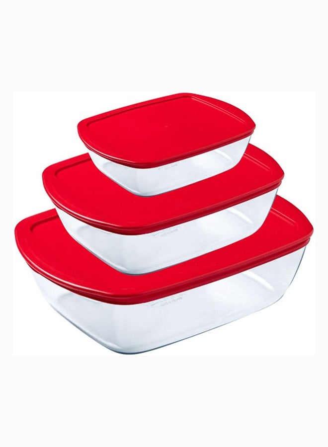 Pyrex Cook&Store Set of 3 Rectangle with Red Lid 0.4+1.1L+2.5L Transparent 28 x 20 x 9 cm 2.5L / 23 x 15 x 6 cm 1.1L / 17 x 5 cm 0.4Lcm