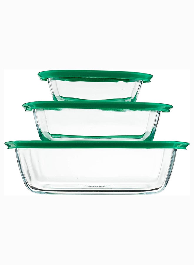 Pyrex Cook&Store Set of 3 Rectangle with Green Lid 0.4+1.1L+2.5L Transparent 28 x 20 x 9 cm 2.5L / 23 x 15 x 6 cm 1.1L / 17 x 5 cm 0.4Lcm