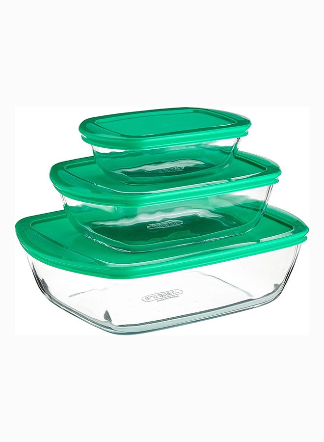 Pyrex Cook&Store Set of 3 Rectangle with Green Lid 0.4+1.1L+2.5L Transparent 28 x 20 x 9 cm 2.5L / 23 x 15 x 6 cm 1.1L / 17 x 5 cm 0.4Lcm