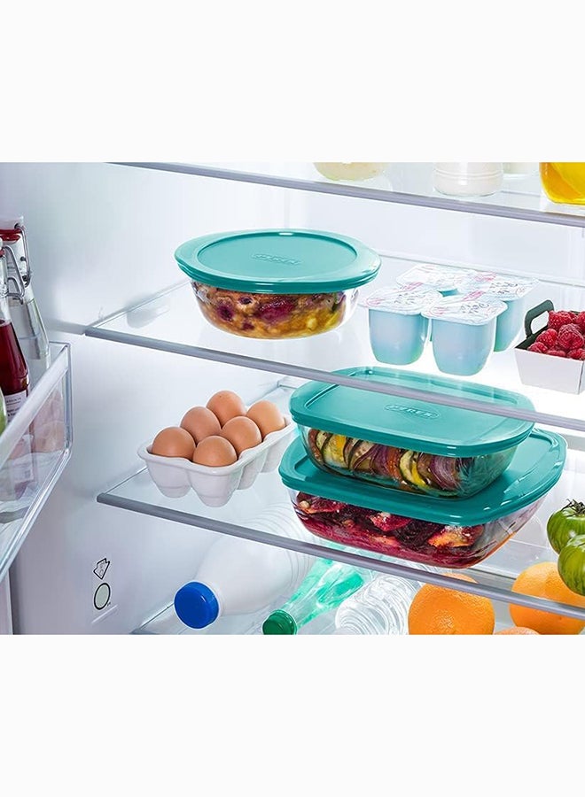 Pyrex Cook&Store Set of 3 Rectangle with Green Lid 0.4+1.1+2.5L Transparent 28 x 20 x 9 cm 2.5L / 23 x 15 x 6 cm 1.1L / 17 x 5 cm 0.4Lcm