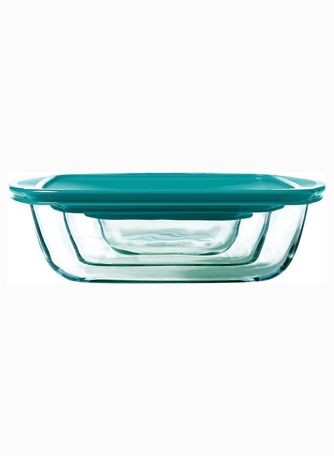 Pyrex Cook&Store Set of 3 Rectangle with Green Lid 0.4+1.1+2.5L Transparent 28 x 20 x 9 cm 2.5L / 23 x 15 x 6 cm 1.1L / 17 x 5 cm 0.4Lcm