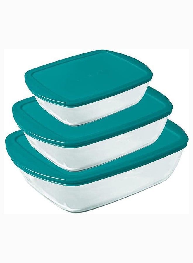 Pyrex Cook&Store Set of 3 Rectangle with Green Lid 0.4+1.1+2.5L Transparent 28 x 20 x 9 cm 2.5L / 23 x 15 x 6 cm 1.1L / 17 x 5 cm 0.4Lcm