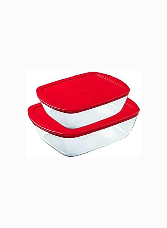 Pyrex Cook&Store Set of 2 Rectangle with Red Lid 1.1+2.5L Transparent 28 x 20 x 9 cm 2.5L / 23 x 15 x 6 cm 1.1Lcm