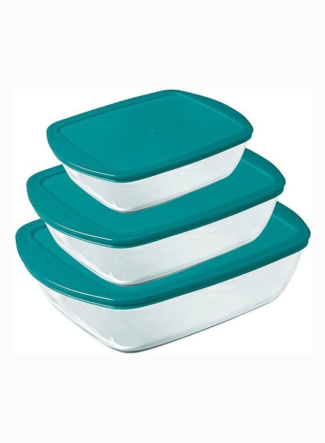 Pyrex Cook&Store Set Of 3 Rectangle With Green Lid  0.4+1.2+2.5L Transparent 28 x 20 x 9 cm 2.5L / 23 x 15 x 6 cm 1.1L / 17 x 5 cm 0.4Lcm