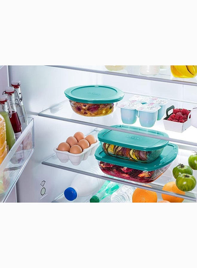 Pyrex Cook&Store Set Of 3 Rectangle With Green Lid  0.4+1.2+2.5L Transparent 28 x 20 x 9 cm 2.5L / 23 x 15 x 6 cm 1.1L / 17 x 5 cm 0.4Lcm