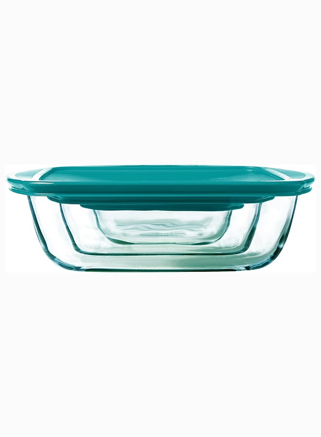 Pyrex Cook&Store Set Of 3 Rectangle With Green Lid  0.4+1.2+2.5L Transparent 28 x 20 x 9 cm 2.5L / 23 x 15 x 6 cm 1.1L / 17 x 5 cm 0.4Lcm