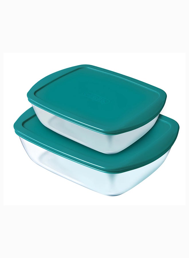 Pyrex Cook&Store Set of 2 Rectangle With Green Lid 1.2L+2.5L Transparent 28 x 20 x 9 cm 2.5L / 23 x 15 x 7 cm 1.2Lcm