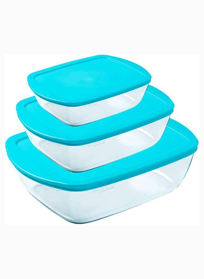 Pyrex Cook&Store Set of 3 Rectangle with Blue Lid 0.4+1.1+2.5L Transparent 28 x 20 x 9 cm 2.5L / 23 x 15 x 6 cm 1.1L / 17 x 5 cm 0.4Lcm