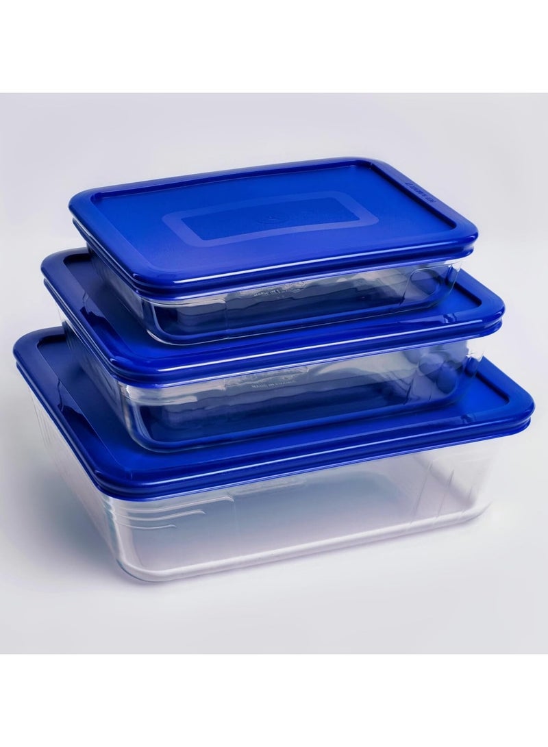 3 Pieces Rectangular Food Cook Storage Container With Glass Lid 1.5+0.8+2.6Liters