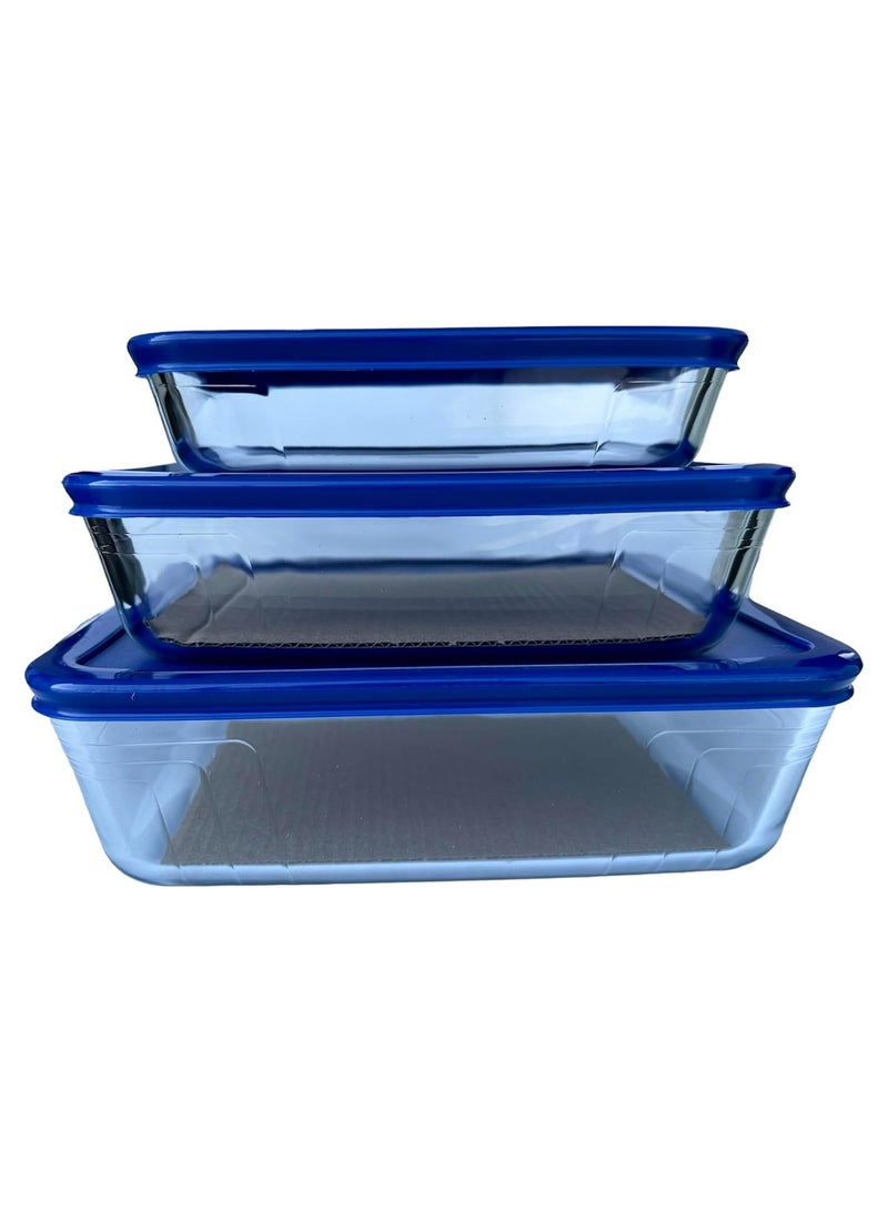 3 Pieces Rectangular Food Cook Storage Container With Glass Lid 1.5+0.8+2.6Liters